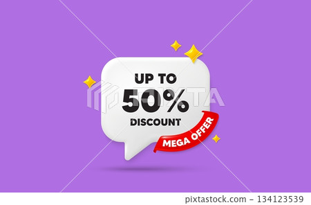 Discount tag chat speech bubble. Mega offer flag ribbon. Up to 50 percent discount. Sale offer price sign. Special offer symbol. Save 50 percentages. 3d sparkle stars speech bubble. Vector Discount tag chat speech bubble. Mega offer flag ribbon. Up to 50 percent discount. Sale offer price sign. Special offer symbol. Save 50 percentages. 3d sparkle stars speech bubble. Vector 134123539