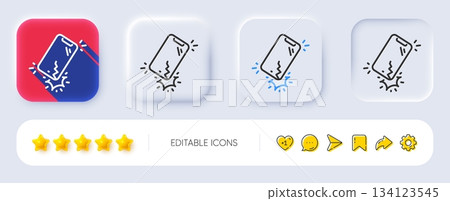Smartphone broken line icon. Neumorphic, Flat shadow, 3d buttons. Phone crack sign. Mobile device crash symbol. Line smartphone broken icon. Social media icons. Vector 134123545
