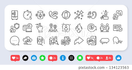 Flammable fuel, Timer and Hearing line icons pack. Social media: share, comment, like icons. Breathing exercise, Developers chat, Refrigerator web icon. Vector Flammable fuel, Timer and Hearing line icons pack. Social media: share, comment, like icons. Breathing exercise, Developers chat, Refrigerator web icon. Vector 134123563