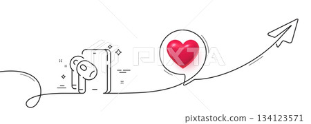 Earphones line icon. Continuous line with share plane. Mobile accessories sign. Headset or headphone symbol. 3d heart in speech bubble. Earphones single line ribbon. Loop curve pattern. Vector 134123571