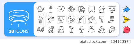 Lamps line icons. Interest rate, AI generate, Inflation icons. Spotlight led, Table Lamp and Floor Light. Modern chandelier, Electric light illuminate and Wall lamp icons. Vector Lamps line icons. Interest rate, AI generate, Inflation icons. Spotlight led, Table Lamp and Floor Light. Modern chandelier, Electric light illuminate and Wall lamp icons. Vector 134123574