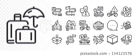 Delivery box, Bike attention and Car charging line icons for web app. Glare of light effect. Message icon. Pack of Pickup, Travel path, Taxi pictogram icons. Vector Delivery box, Bike attention and Car charging line icons for web app. Glare of light effect. Message icon. Pack of Pickup, Travel path, Taxi pictogram icons. Vector 134123576