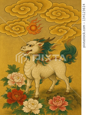 Auspicious painting of a kirin and chrysanthemum 134123614