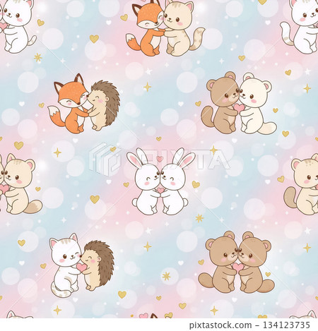 seamless pattern with cute loving animal couples on a soft gradient background with a bokeh effect seamless pattern with cute loving animal couples on a soft gradient background with a bokeh effect 134123735