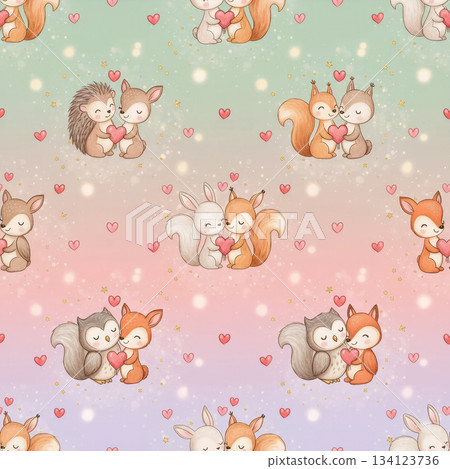 seamless pattern with cute animal couples: hedgehogs, squirrels, foxes, bunnies, and owls on a gradient background 134123736