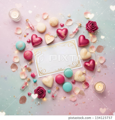 composition with a blank valentine card, macarons, and heart-shaped chocolates on a gradient background composition with a blank valentine card, macarons, and heart-shaped chocolates on a gradient background 134123737