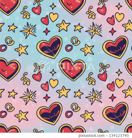 seamless pattern in old-school tattoo style: red hearts, yellow stars, and bows on a bright background 134123745