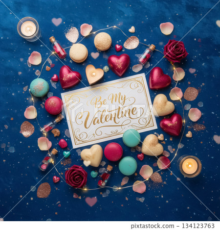 composition with a valentine card, macarons, and heart-shaped chocolates on a blue velvet background 134123763