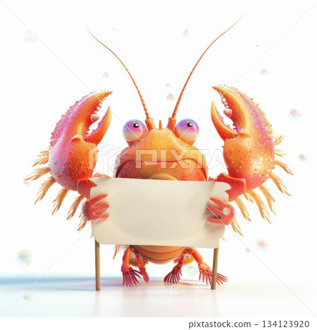 A delightful lobster with a blank sign, ideal for adding personalized text for seafood-themed promotions, marine life exhibits, or beach parties. 134123920