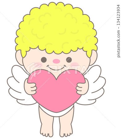 Valentine cupid with curly hair flying and hugging big pink heart 134123934