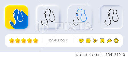 Hook line icon. Neumorphic, Flat shadow, 3d buttons. Fishing tackle sign. Catching fish fishhook symbol. Line hook icon. Social media icons. Vector 134123940
