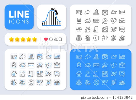 Woman, Pet shelter and Report document line icons for web app. Message, Share, Like social media icons. Pack of Lock, Ice cream, Weather forecast pictogram icons. Vector 134123942