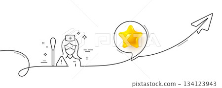 Nurse with Cotton swab line icon. Continuous line with share plane. Doctor assistant sign. Face protection symbol. 3d star in speech bubble. Nurse single line ribbon. Loop curve pattern. Vector Nurse with Cotton swab line icon. Continuous line with share plane. Doctor assistant sign. Face protection symbol. 3d star in speech bubble. Nurse single line ribbon. Loop curve pattern. Vector 134123943