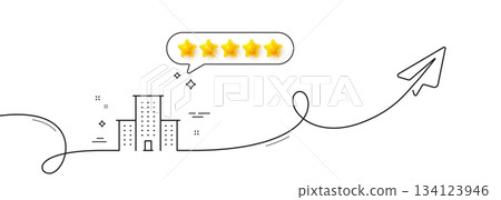 University campus line icon. Continuous line with share plane. Apartments sign. Architecture buildings symbol. Five star rate review in speech bubble. University campus single line ribbon. Vector University campus line icon. Continuous line with share plane. Apartments sign. Architecture buildings symbol. Five star rate review in speech bubble. University campus single line ribbon. Vector 134123946