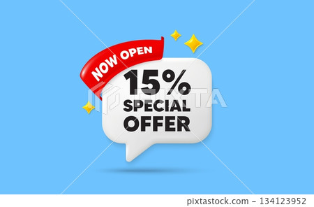 Discount ribbon speech bubble. Now open flag ribbon. 15 percent discount offer tag. Sale price promo sign. Special offer symbol. 3d sparkle stars speech bubble. Vector Discount ribbon speech bubble. Now open flag ribbon. 15 percent discount offer tag. Sale price promo sign. Special offer symbol. 3d sparkle stars speech bubble. Vector 134123952