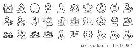 User people line icons. Settings gear, Message, Inflation icons. Male and Female Profile, Group and Support icons. ID card, Teamwork people and Businessman symbols. Vector User people line icons. Settings gear, Message, Inflation icons. Male and Female Profile, Group and Support icons. ID card, Teamwork people and Businessman symbols. Vector 134123964