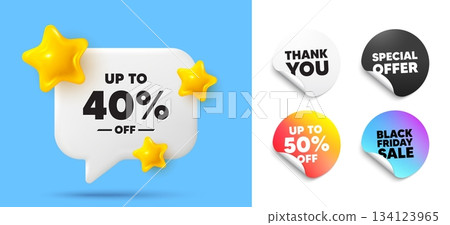 Discount tag speech bubble, sticker tags. Discount, Black friday stickers. Up to 40 percent off sale. Discount offer price sign. Special offer symbol. Save 40 percentages. Thank you tag. Vector Discount tag speech bubble, sticker tags. Discount, Black friday stickers. Up to 40 percent off sale. Discount offer price sign. Special offer symbol. Save 40 percentages. Thank you tag. Vector 134123965