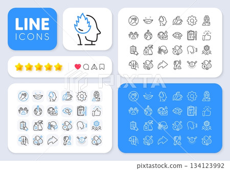 Dont touch, Vaccine announcement and Mint tea line icons for web app. Message, Share, Like social media icons. Pack of Pandemic vaccine, Electronic thermometer, Medical mask pictogram icons. Vector 134123992