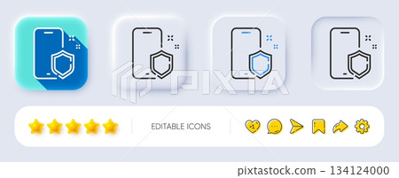Phone protect line icon. Neumorphic, Flat shadow, 3d buttons. Smartphone shield sign. Safe cellphone symbol. Line phone protect icon. Social media icons. Vector Phone protect line icon. Neumorphic, Flat shadow, 3d buttons. Smartphone shield sign. Safe cellphone symbol. Line phone protect icon. Social media icons. Vector 134124000
