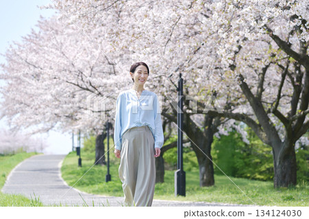 Cherry blossoms in full bloom and a woman walking along a promenade 134124030