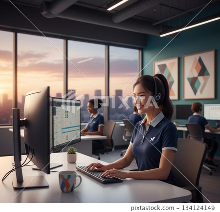 帶耳機的女接線員 134124149