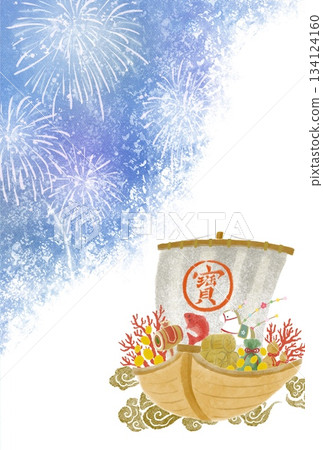 以煙火和寶船為主題的吉祥日式背景素材。新年賀卡素材。 以煙火和寶船為主題的吉祥日式背景素材。新年賀卡素材。 134124160