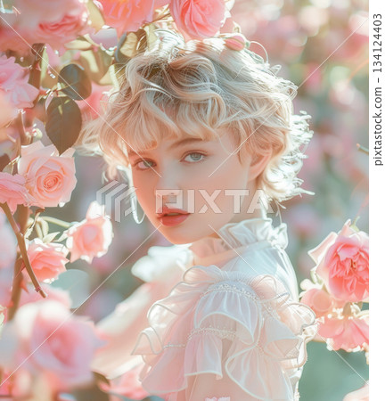 A happy little prince stands proudly in a garden of roses, with pastel tones creating a magical, dreamlike atmosphere. 134124403
