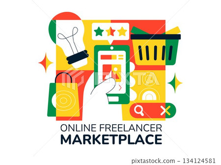 Online Freelancer Marketplace Illustration Featuring A Digital Platform For Search, Offers, Professional Services, and Product Order Tracking System Online Freelancer Marketplace Illustration Featuring A Digital Platform For Search, Offers, Professional Services, and Product Order Tracking System 134124581