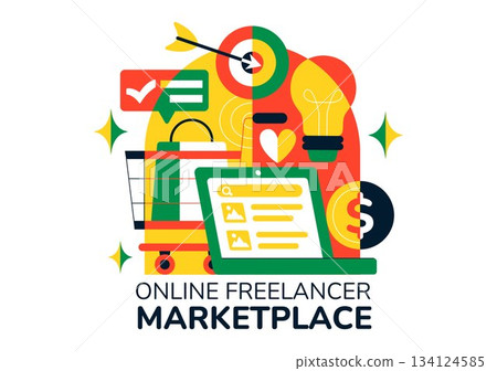 Online Freelancer Marketplace Illustration Featuring A Digital Platform For Search, Offers, Professional Services, and Product Order Tracking System 134124585