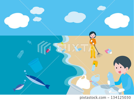 描繪人們清理海灘以防止海洋污染的插圖 134125030