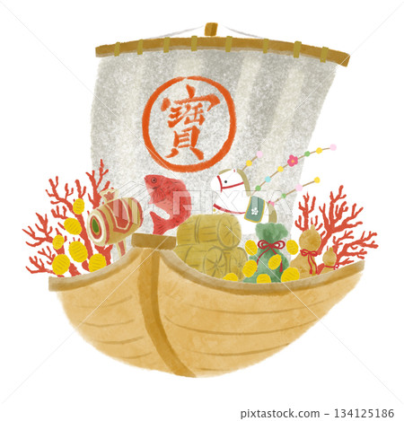 Treasure ship carrying lucky charms New Year's card material 134125186