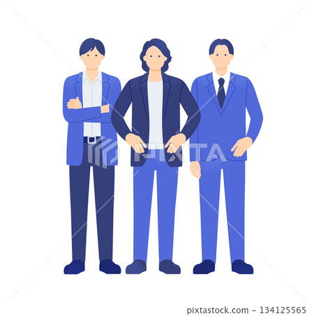 A group of three confident young businessmen. Full-body illustration of men in suits and office casual wear. A group of three confident young businessmen. Full-body illustration of men in suits and office casual wear. 134125565