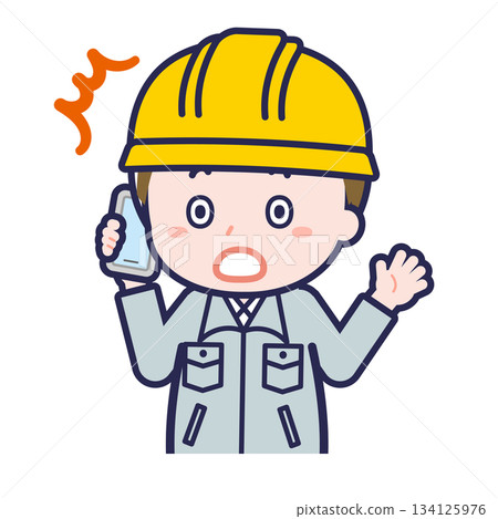 A male "construction worker" using a smartphone 134125976