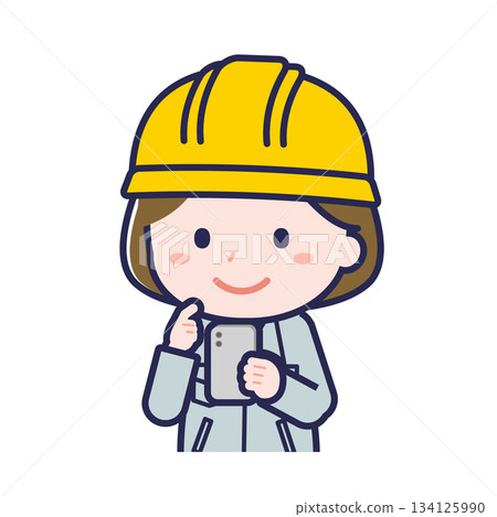 A female "construction worker" using a smartphone A female "construction worker" using a smartphone 134125990