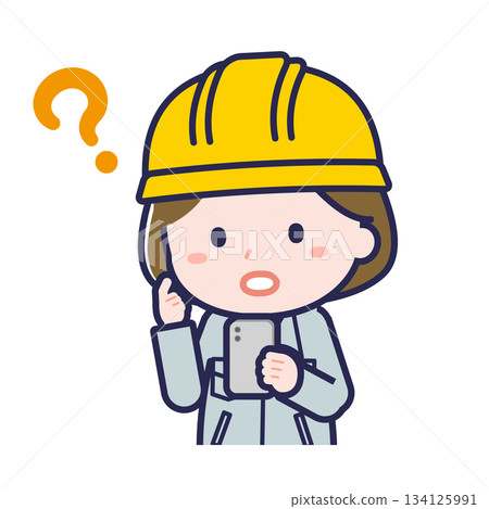 A female "construction worker" using a smartphone A female "construction worker" using a smartphone 134125991