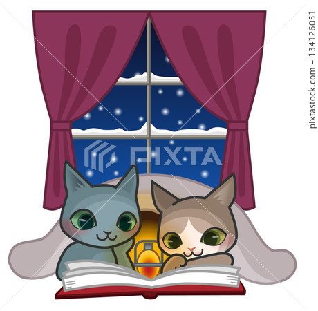 Two cat characters reading a book in bed on a snowy night Two cat characters reading a book in bed on a snowy night 134126051
