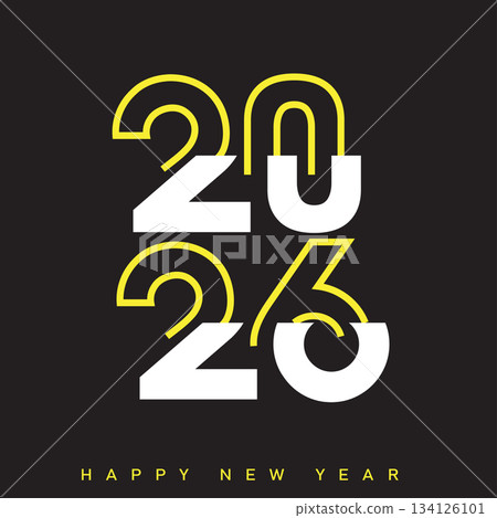 Happy New Year 2026 Creative Minimalist Yellow Typography Poster Design. Vector 134126101