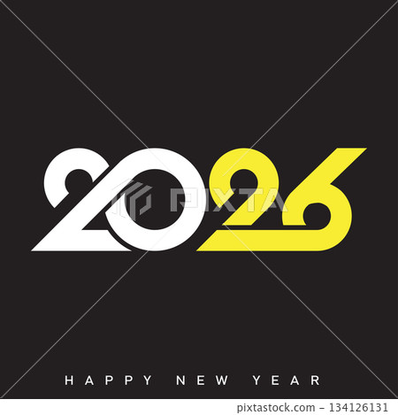 Happy New Year 2026 Creative Minimalist Yellow Typography Poster Design. Vector 134126131
