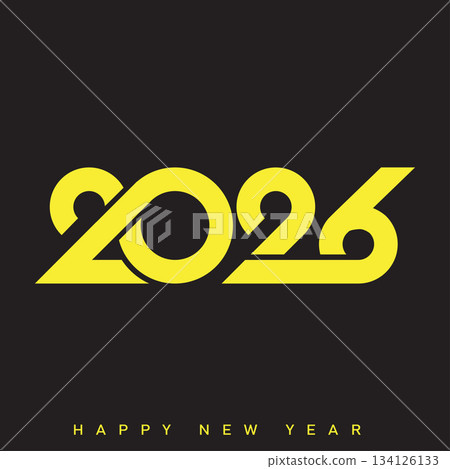 Happy New Year 2026 Creative Minimalist Yellow Typography Poster Design. Vector 134126133