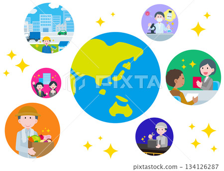 Achieving goals through partnerships: Illustrations of people from various industries 134126287