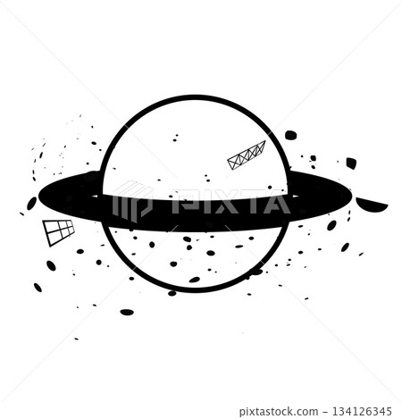 Black and white icon illustration of space debris - Garbage and waste floating around Saturn 134126345