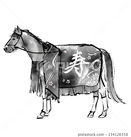 A monochrome ink painting of a horse wearing a gorgeous Japanese-style costume. Year of the Horse, Lead Horse. New Year's card. A monochrome ink painting of a horse wearing a gorgeous Japanese-style costume. Year of the Horse, Lead Horse. New Year's card. 134126358
