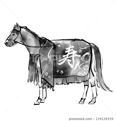 A monochrome ink painting of a horse wearing a gorgeous Japanese-style costume. Year of the Horse, Lead Horse. New Year's card. A monochrome ink painting of a horse wearing a gorgeous Japanese-style costume. Year of the Horse, Lead Horse. New Year's card. 134126359