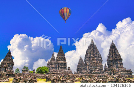 View of the Prambanan temple ruins in Yogyakarta 134126366