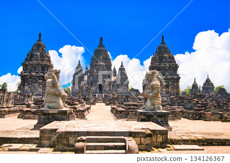 View of the Prambanan temple ruins in Yogyakarta View of the Prambanan temple ruins in Yogyakarta 134126367
