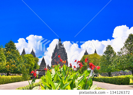 View of the Prambanan temple ruins in Yogyakarta 134126372