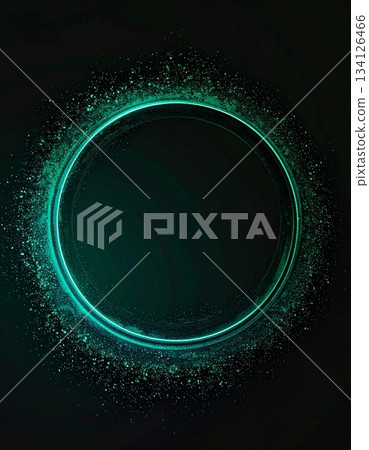 Glowing Teal Neon Circle Frame with Sparkling Glitter Dust Effect on Dark Green Background Glowing Teal Neon Circle Frame with Sparkling Glitter Dust Effect on Dark Green Background 134126466