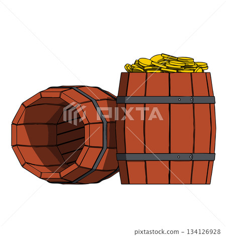 Wooden Old Vintage Empty and filled by Gold Coins Barrel. Vector Illustration. Wooden Old Vintage Empty and filled by Gold Coins Barrel. Vector Illustration. 134126928