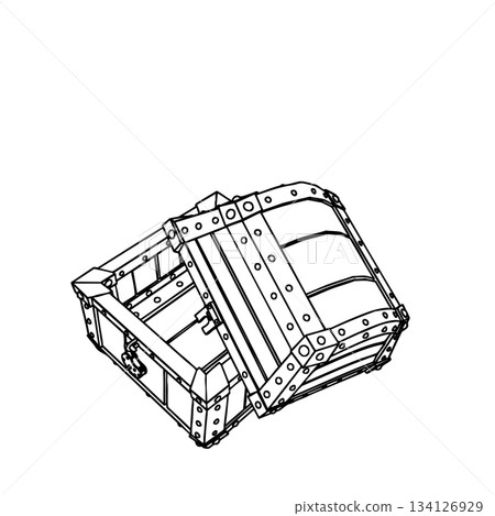 Outline for Empty Medieval Chest with Broken Padlock and Lid. Vector Illustration. Outline for Empty Medieval Chest with Broken Padlock and Lid. Vector Illustration. 134126929