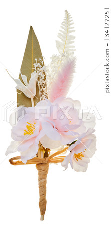 Pink artificial flower boutonniere (white background) Pink artificial flower boutonniere (white background) 134127251